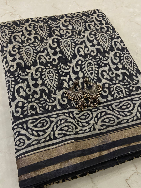 Black chanderi cotton silk saree