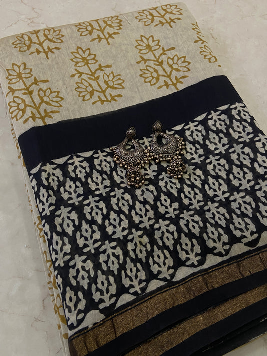 Cream and yellow chanderi cotton silk saree