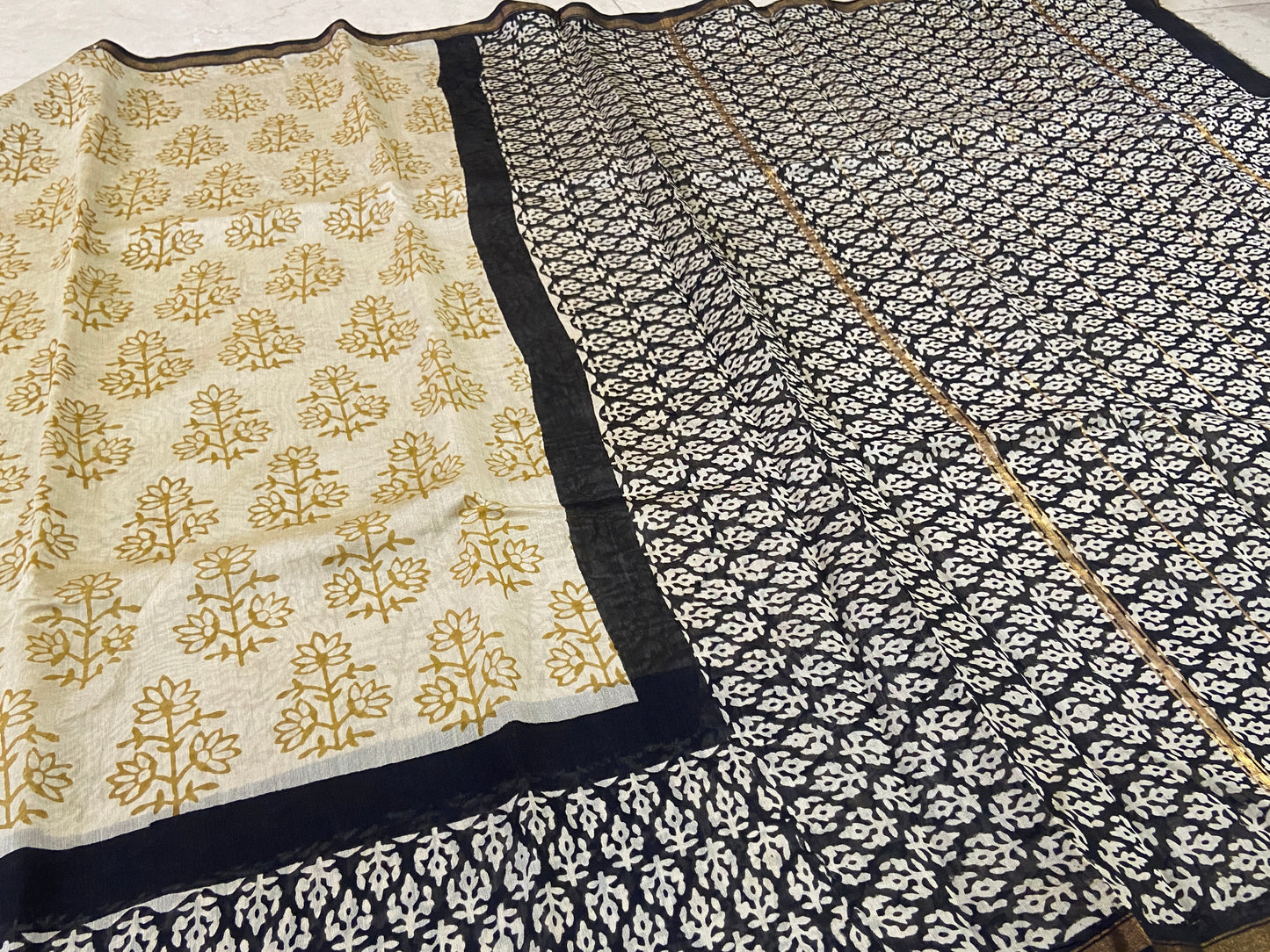 Cream and yellow chanderi cotton silk saree
