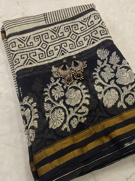Black and white checkered chanderi cotton silk saree