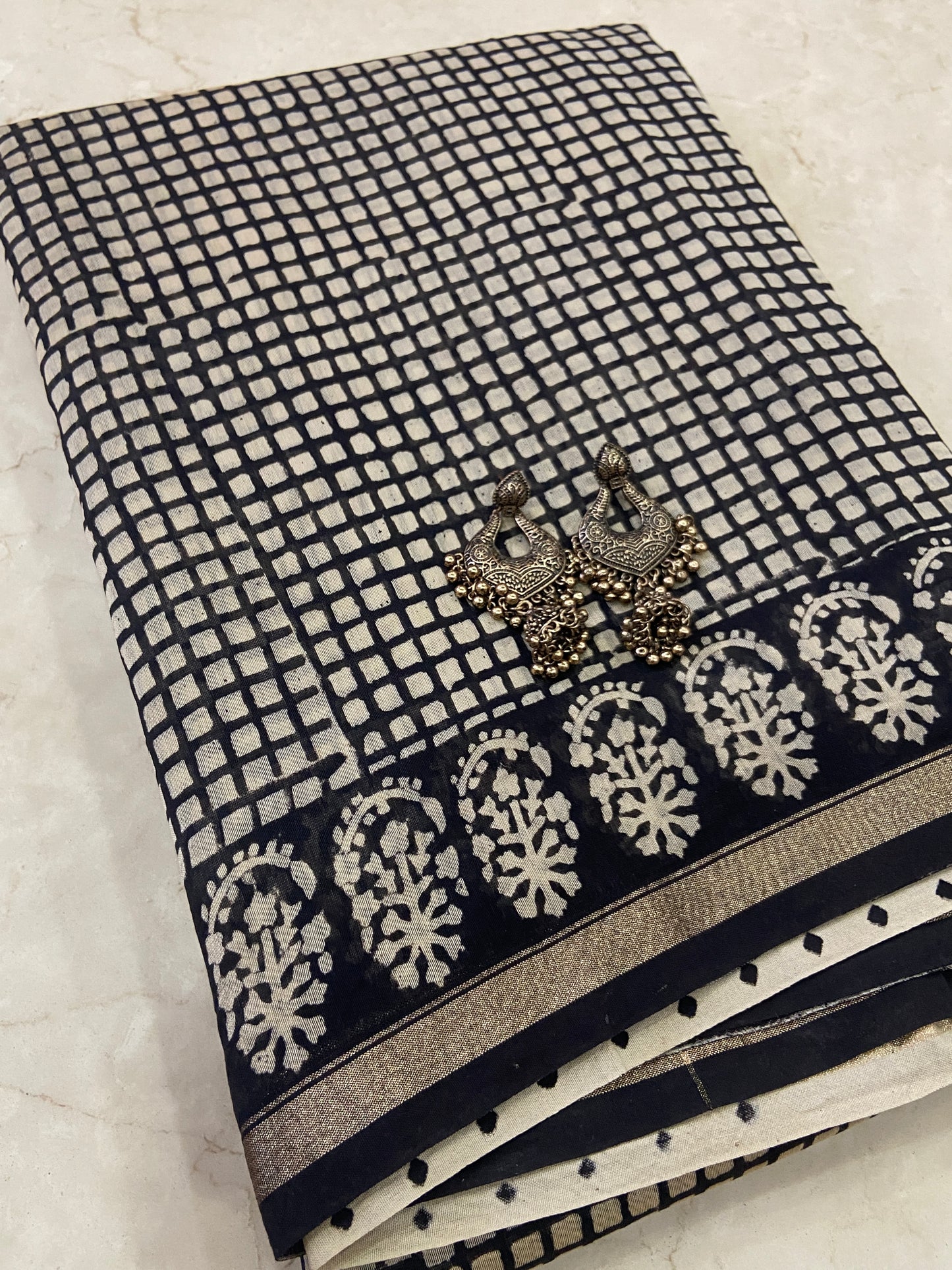 Black small checkered chanderi cotton silk saree