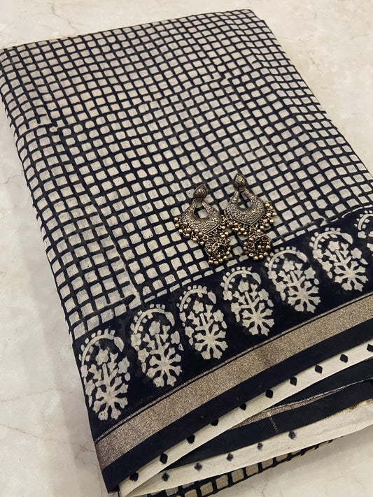 Black small checkered chanderi cotton silk saree