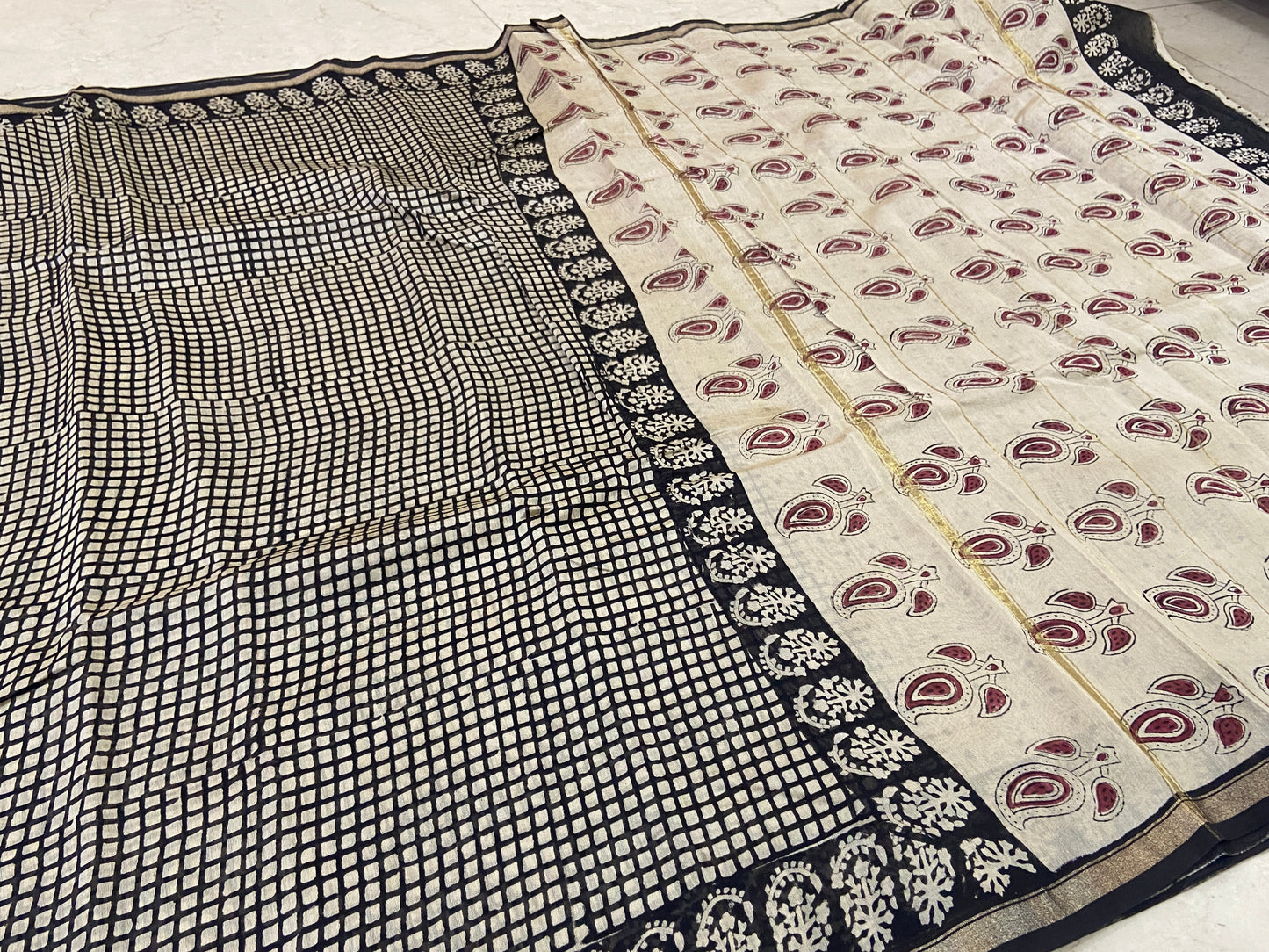 Black small checkered chanderi cotton silk saree