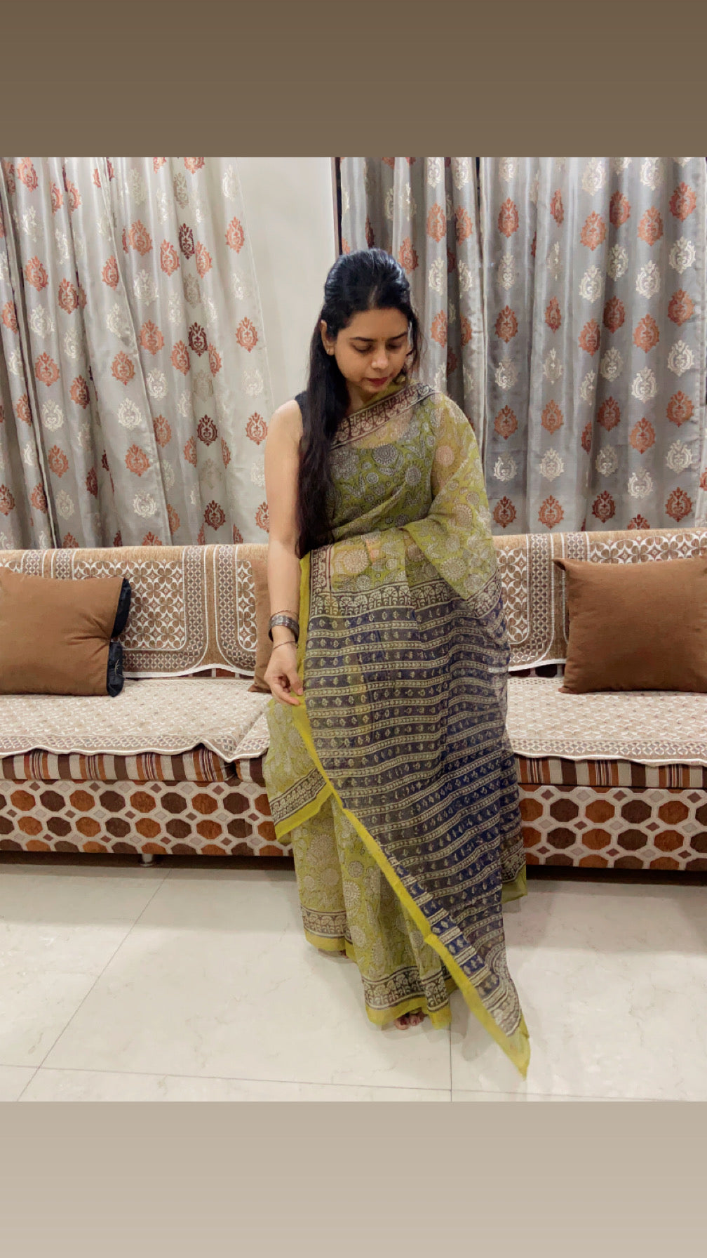Yellow flower motifs cotton kota doria saree