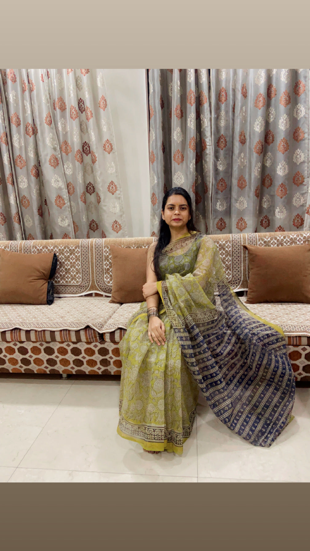 Yellow flower motifs cotton kota doria saree