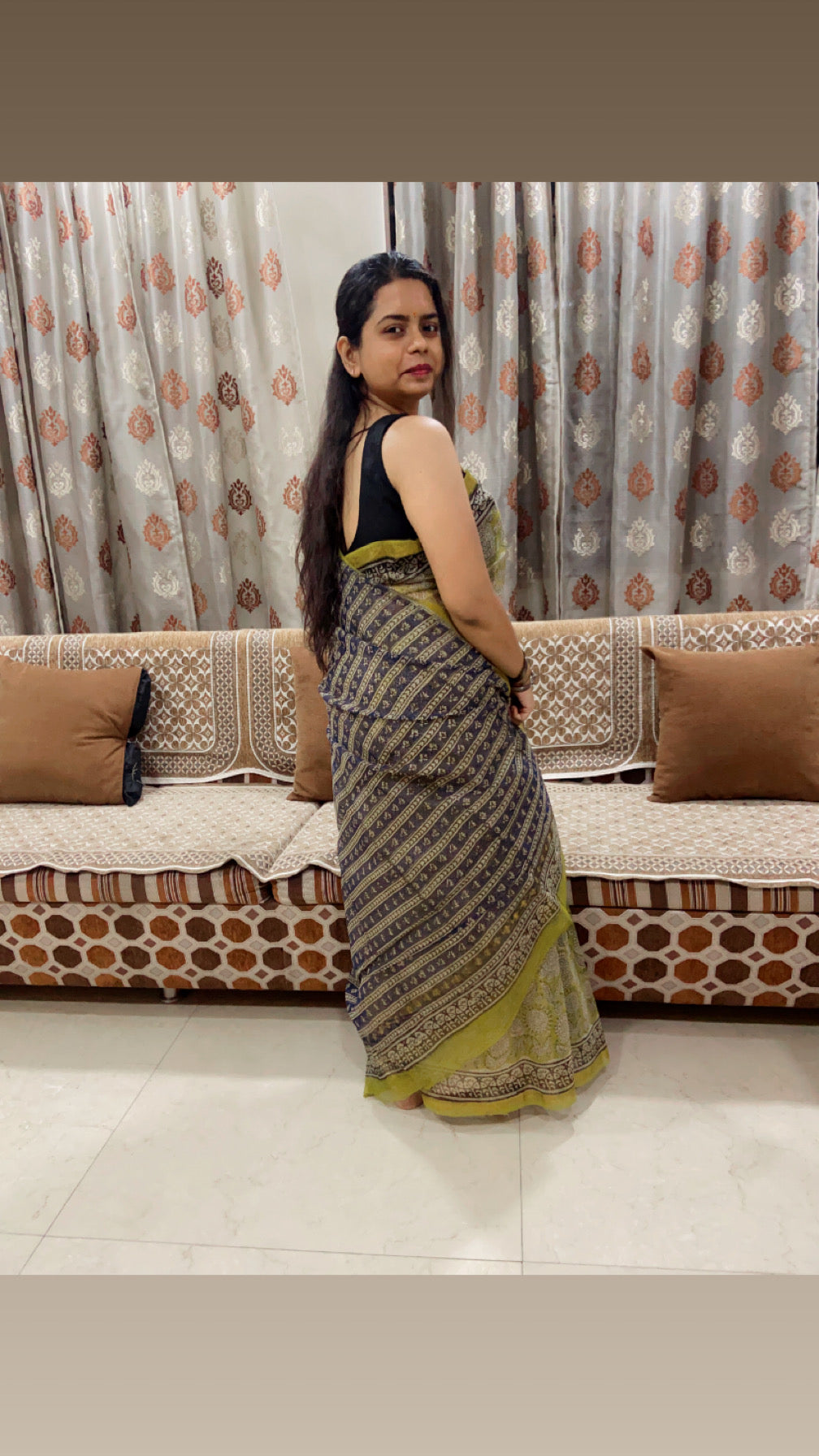 Yellow flower motifs cotton kota doria saree