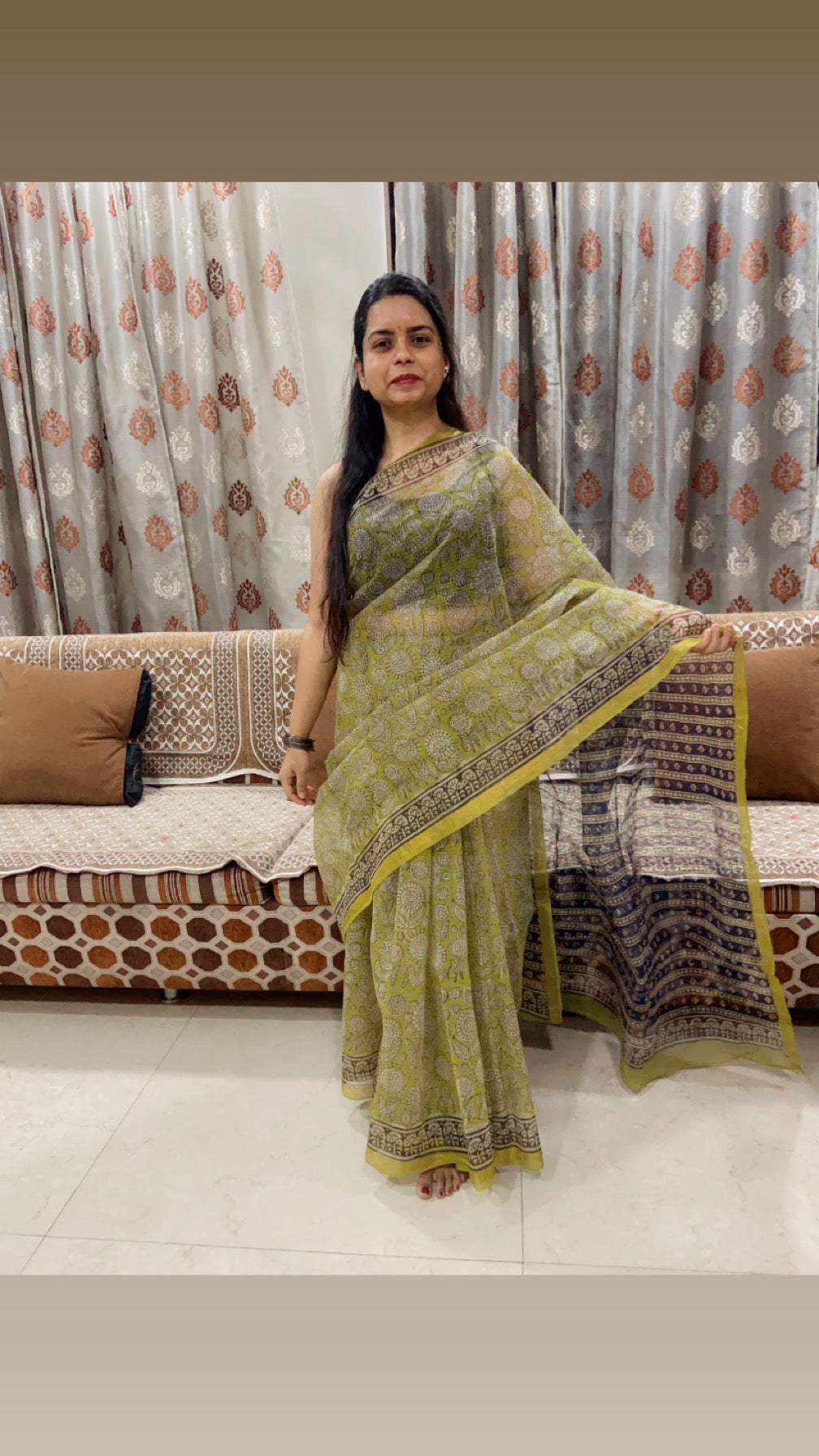 Yellow flower motifs cotton kota doria saree
