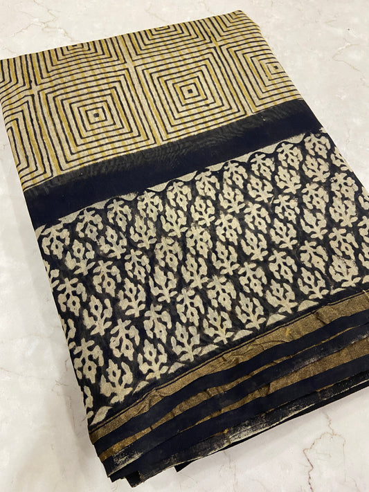 Yellow squares printed chanderi cotton silk saree