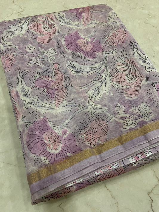 Pink flowers buttis chanderi cotton silk saree