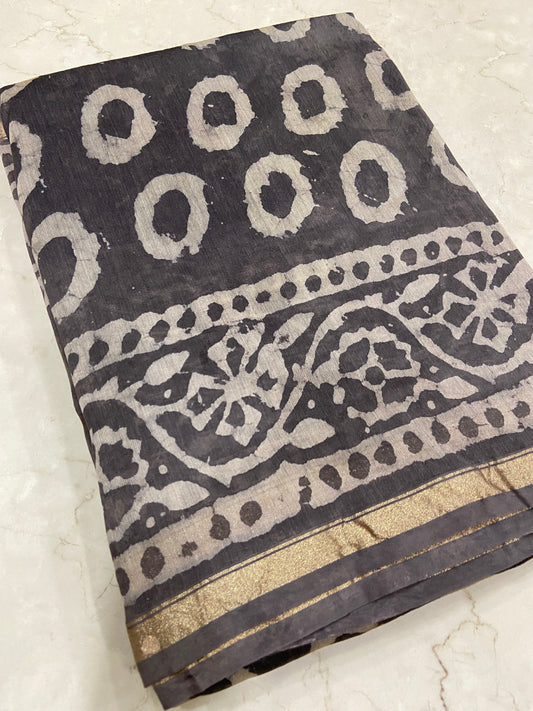 Grey chanderi cotton silk zari border saree