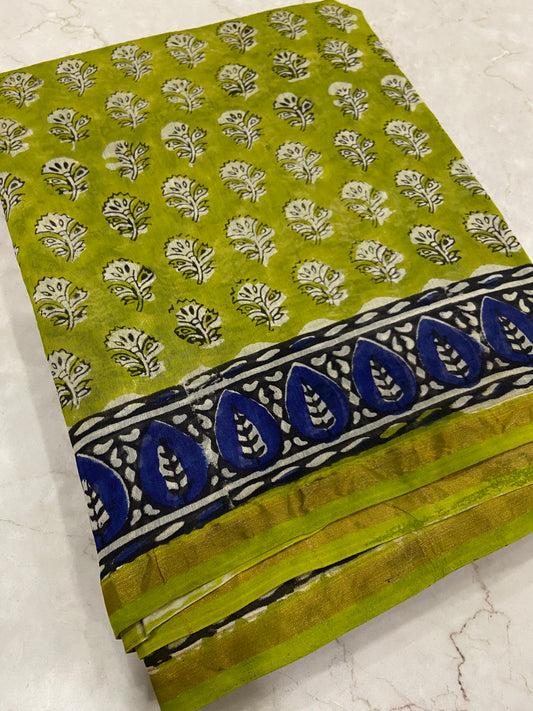 Parrot green chanderi cotton silk saree