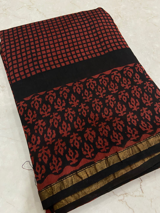 Red and black checkered chanderi cotton silk saree