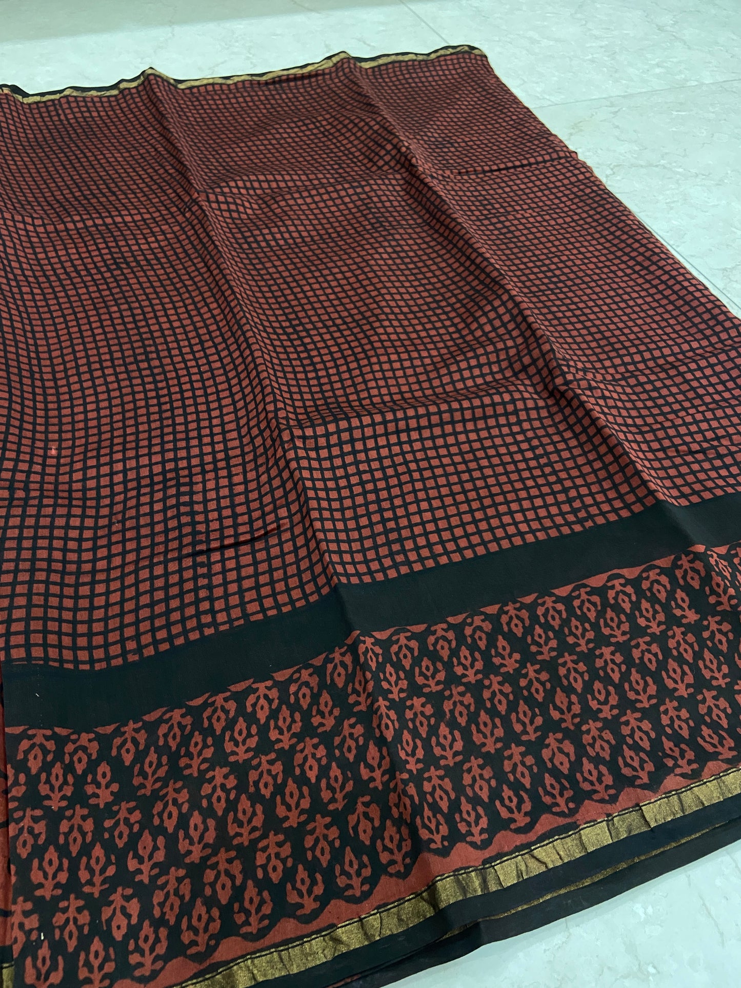 Red and black checkered chanderi cotton silk saree