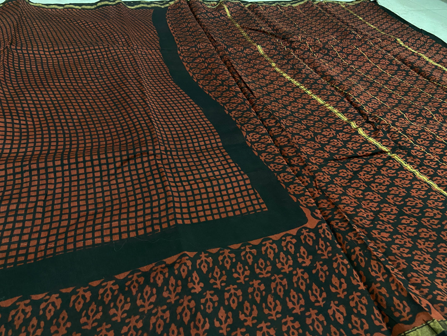 Red and black checkered chanderi cotton silk saree