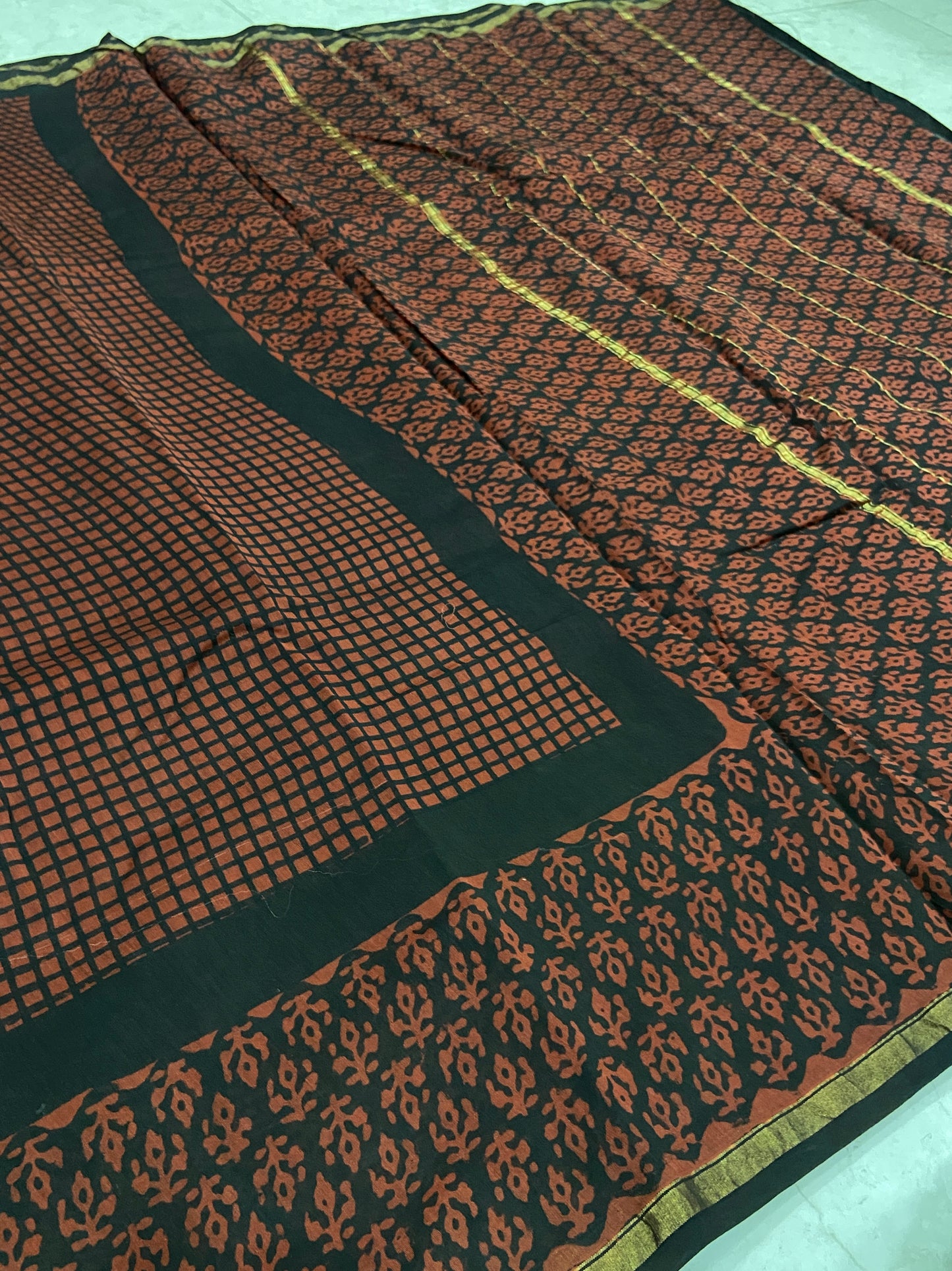 Red and black checkered chanderi cotton silk saree