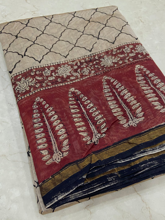 Cream white chanderi cotton silk saree