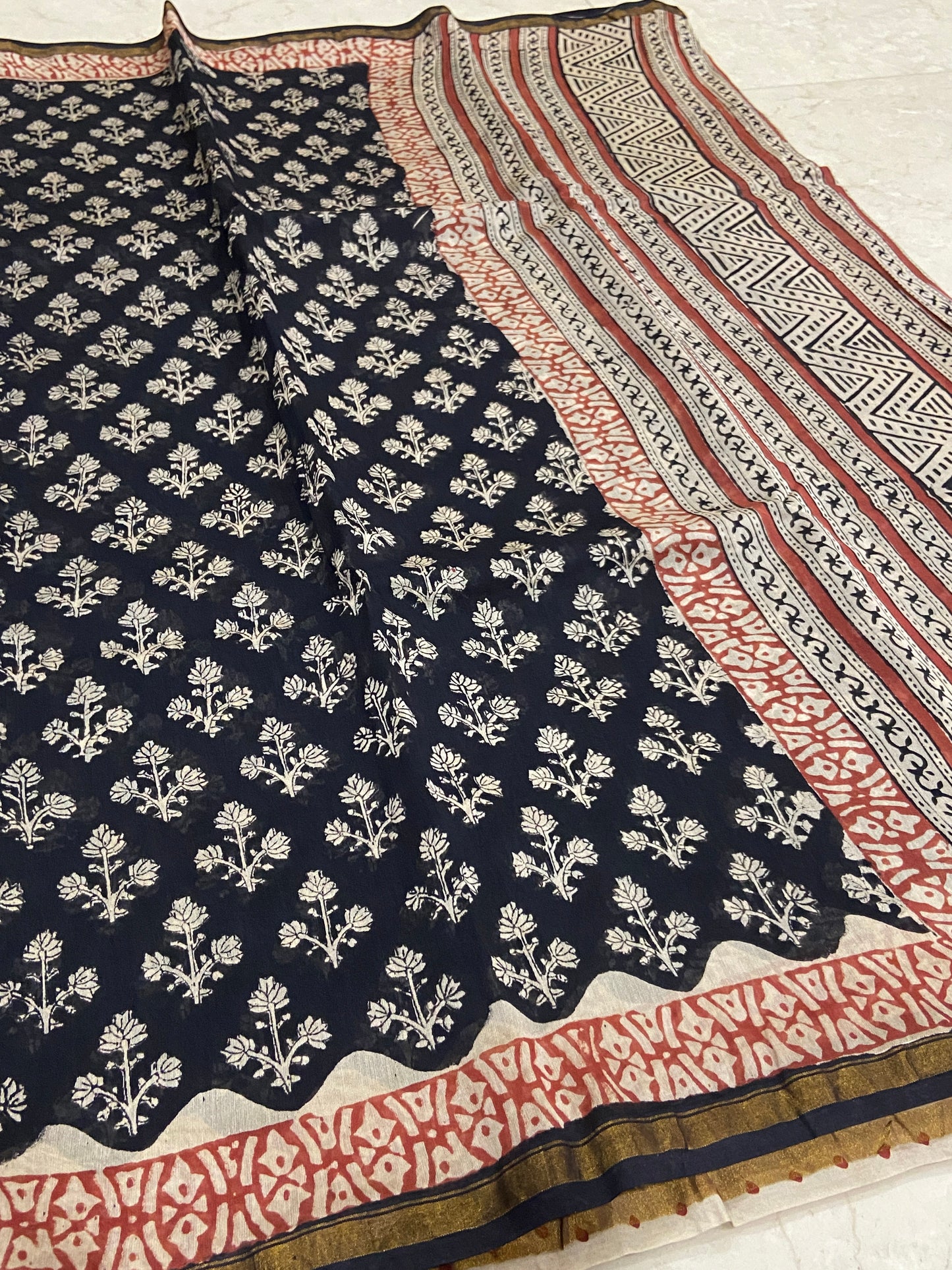 Black flowers buttis chanderi cotton silk saree
