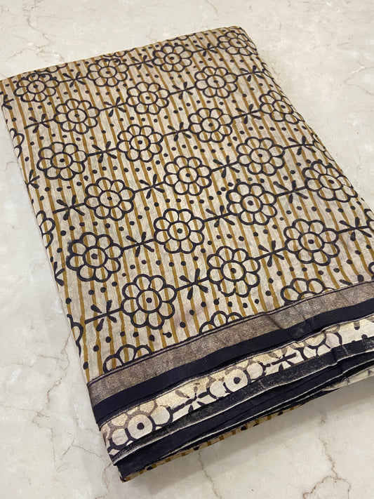 Yellow flowers buttis chanderi cotton silk saree