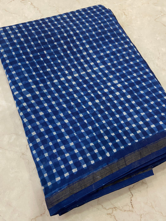 Indigo checkered chanderi cotton silk saree