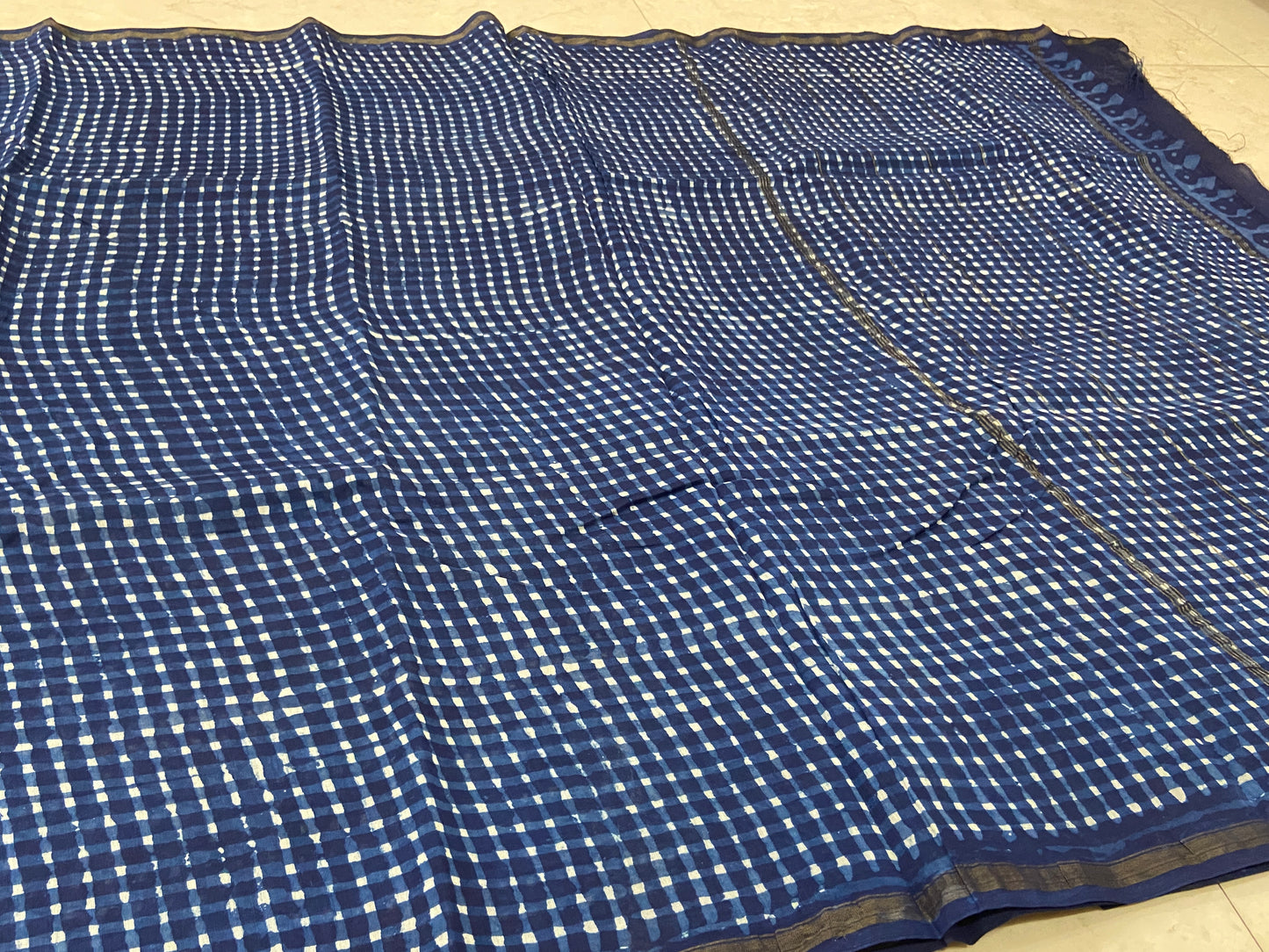 Indigo checkered chanderi cotton silk saree