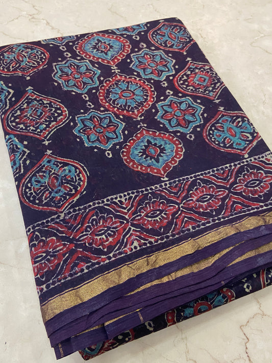 Navy blue chanderi cotton silk saree