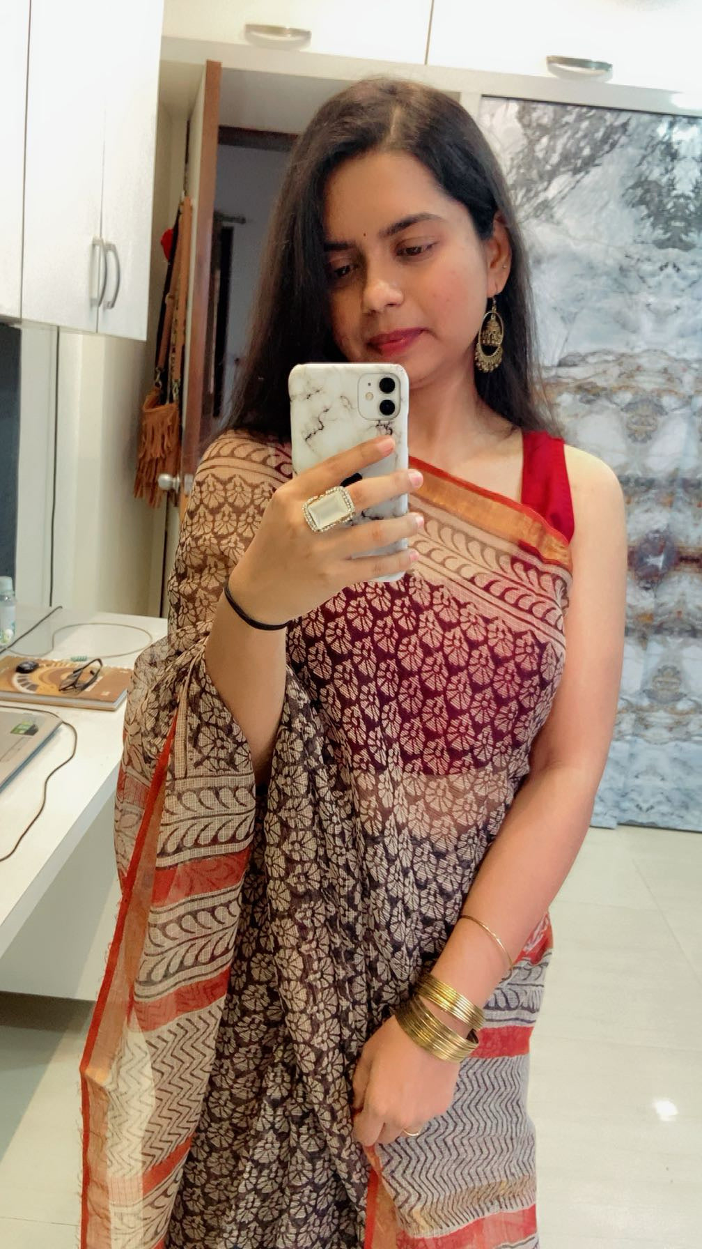 Black flower butti cotton kota doria saree