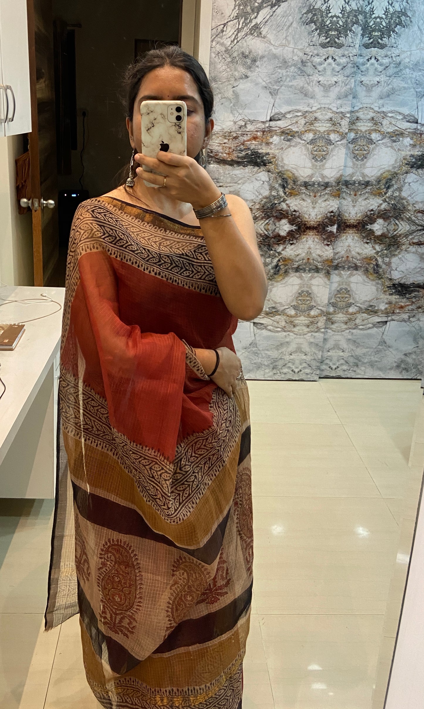 Red and black leaf border cotton kota doria saree