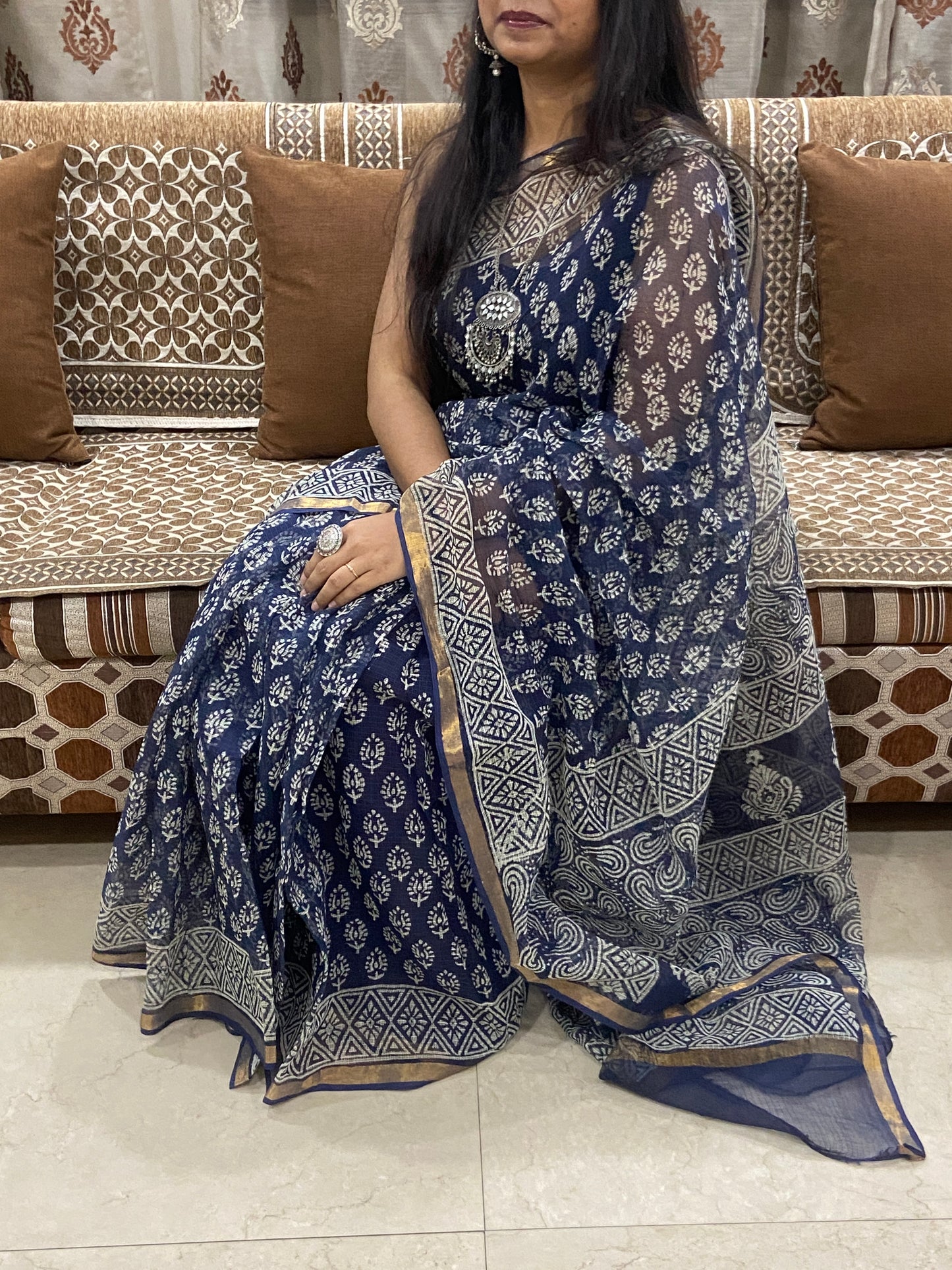Indigo flower booti printed cotton kota doria zari border saree