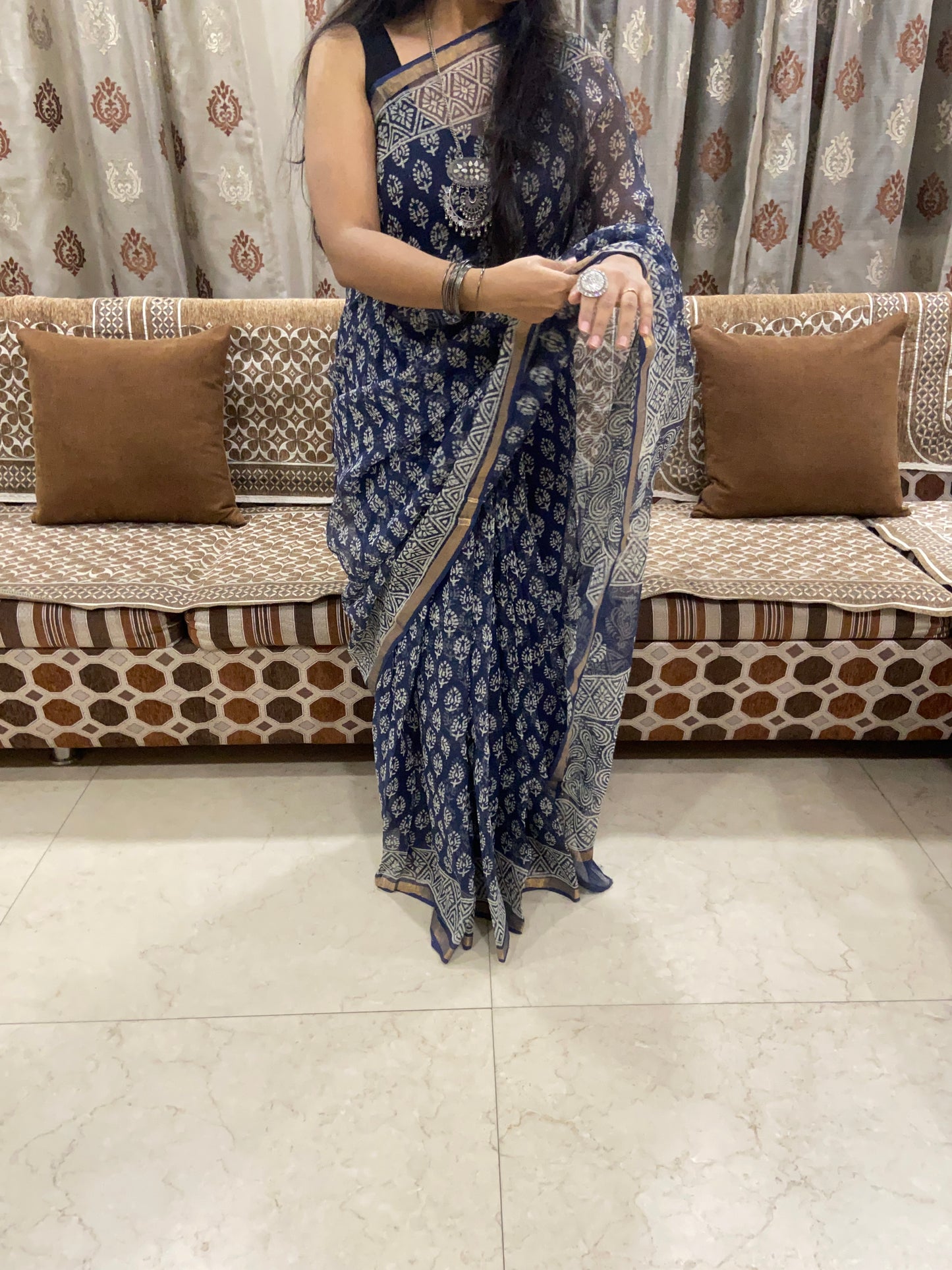 Indigo flower booti printed cotton kota doria zari border saree