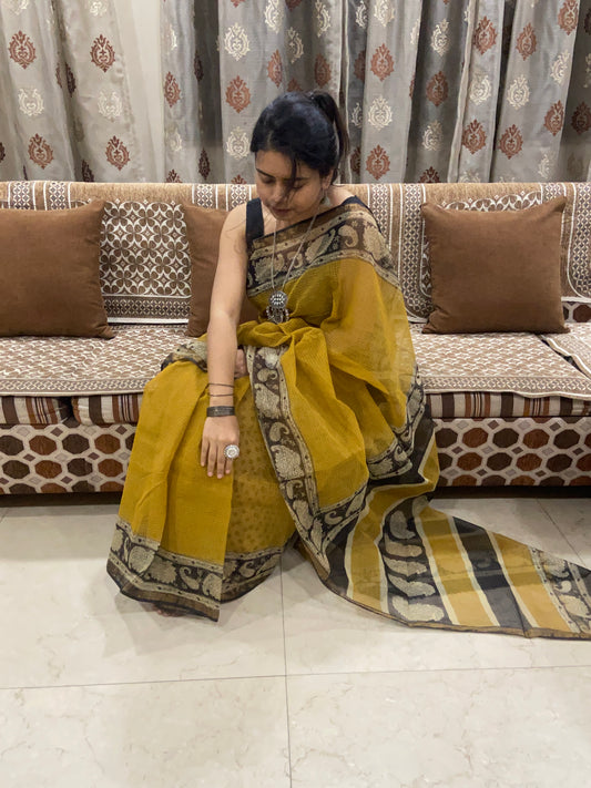 Mustard yellow with black border cotton kota doria saree