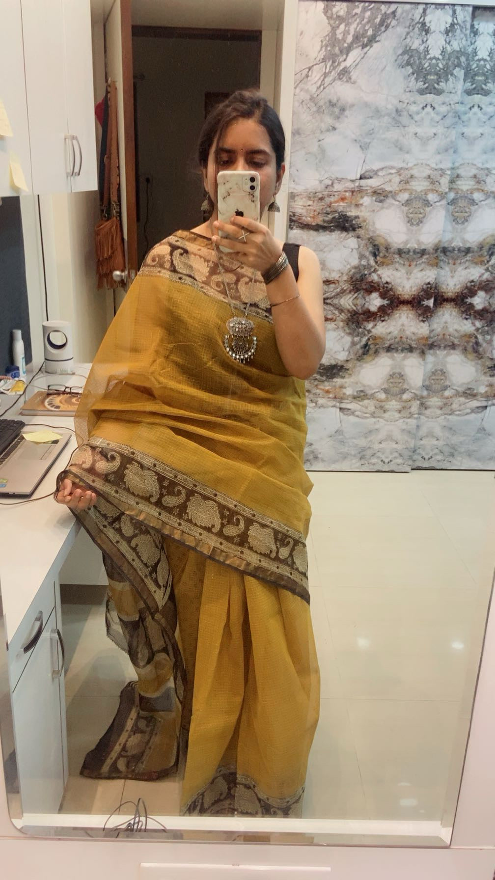 Mustard yellow with black border cotton kota doria saree