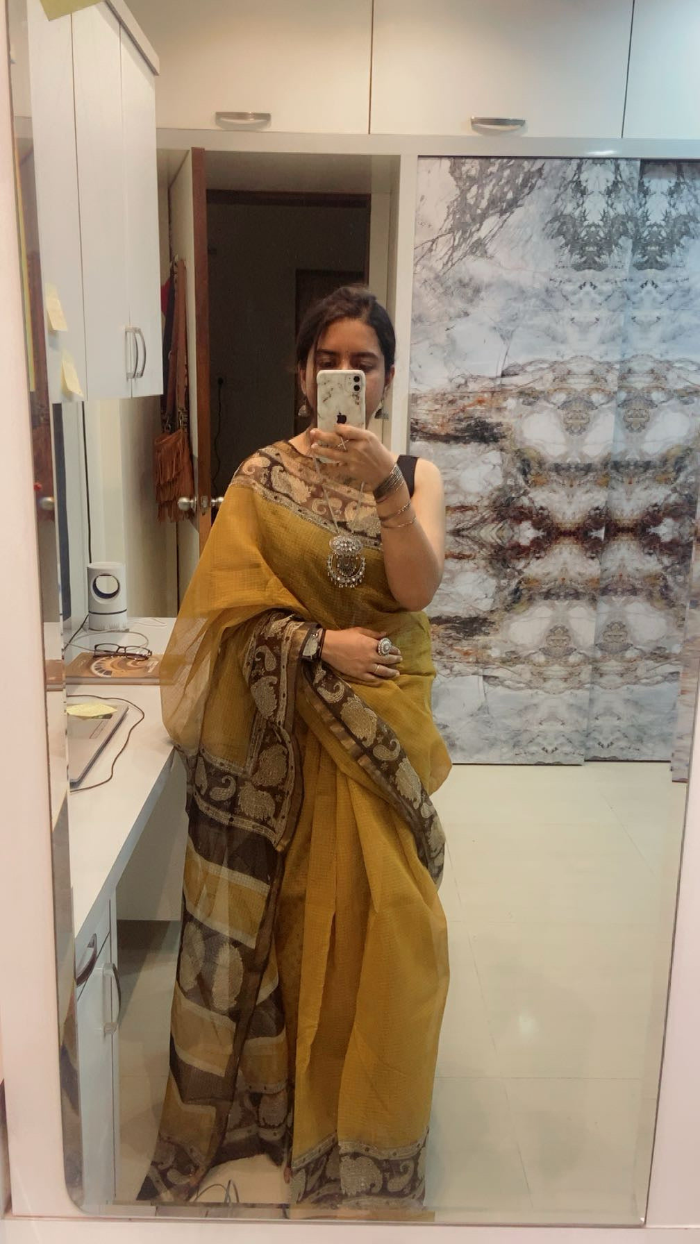 Mustard yellow with black border cotton kota doria saree