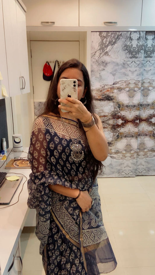 Indigo flower booti printed cotton kota doria zari border saree