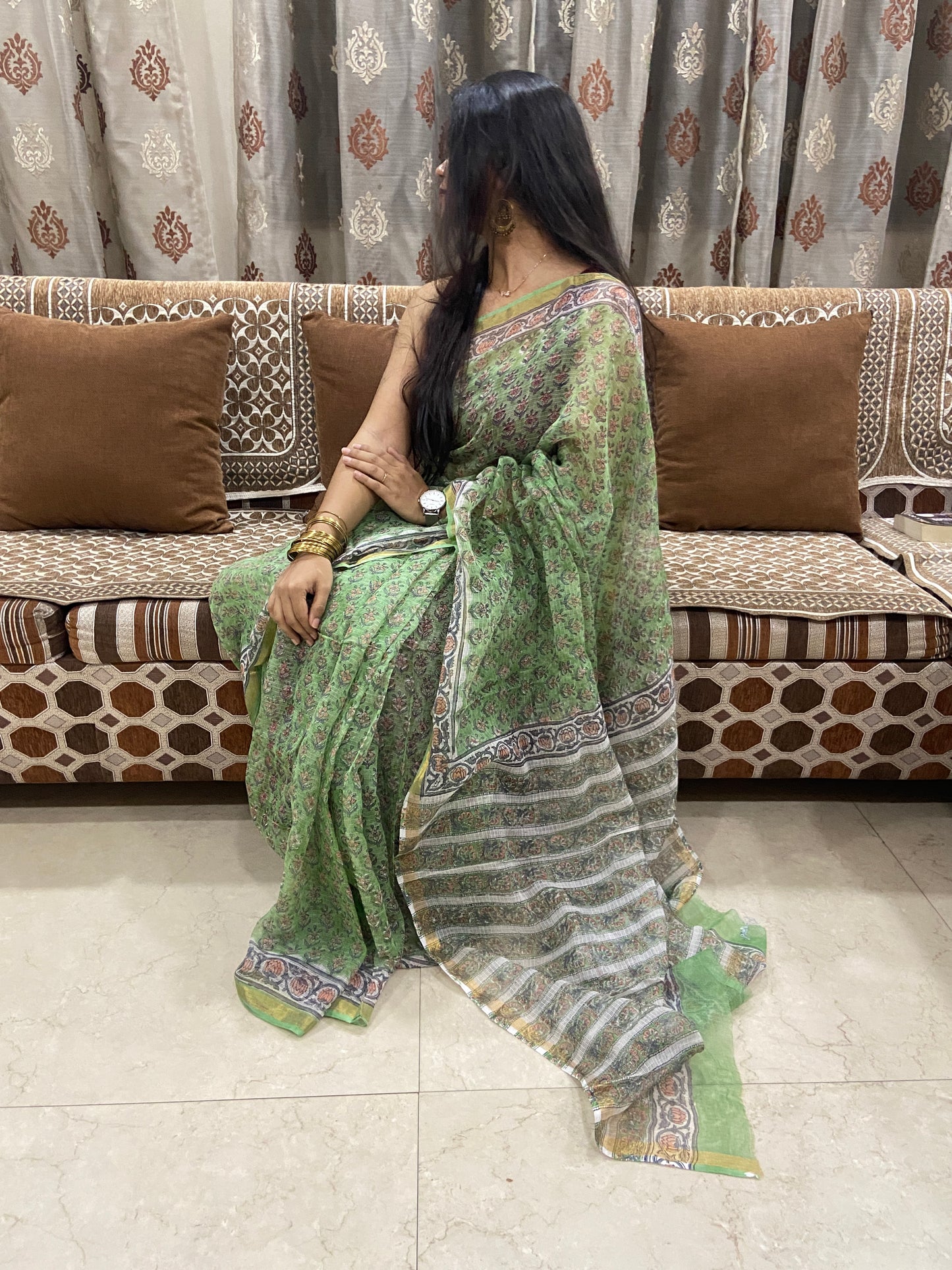 Pista green cotton kota doria saree