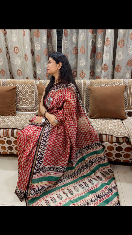 Maroon red chanderi cotton silk zari border saree