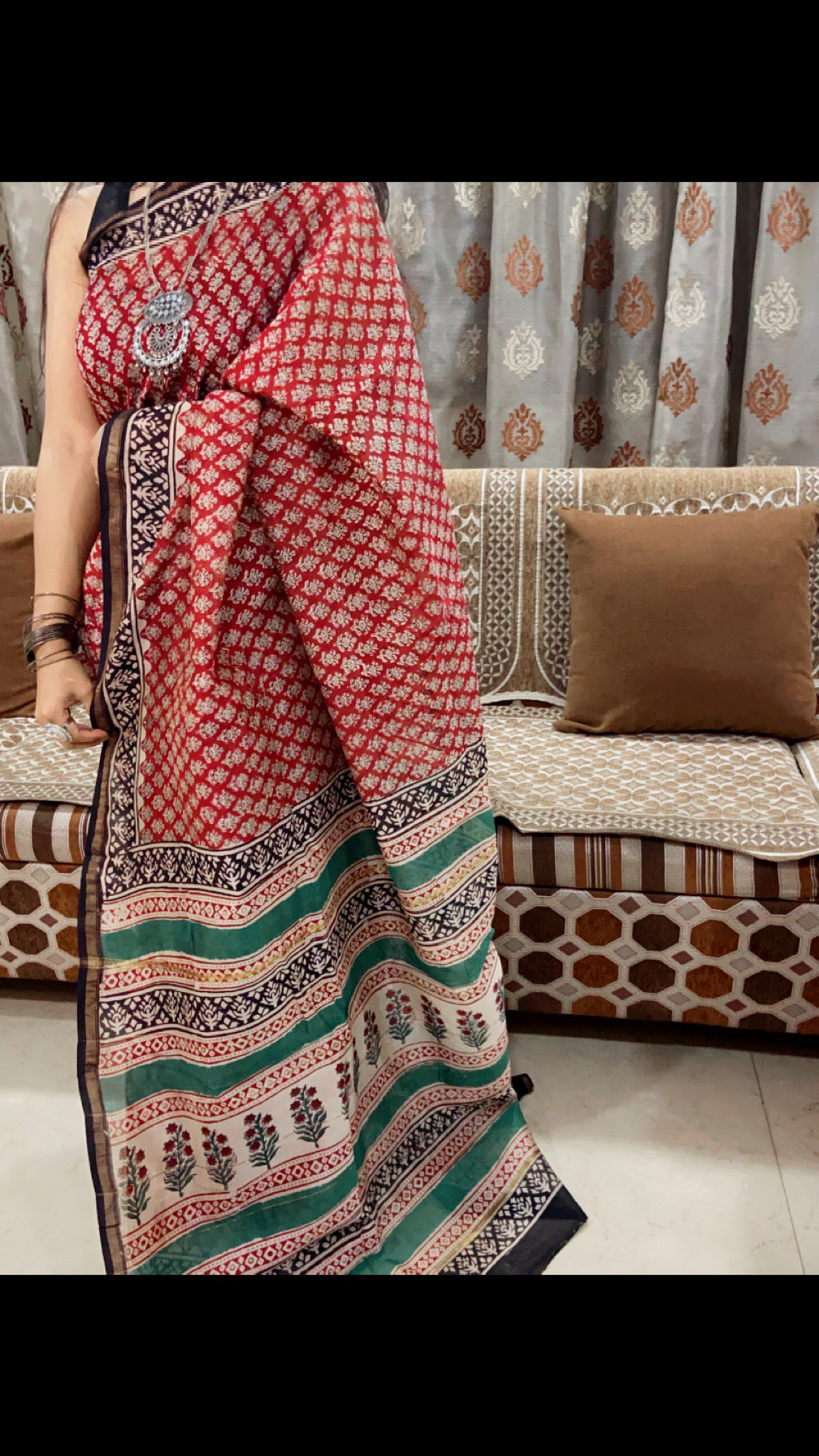 Maroon red chanderi cotton silk zari border saree