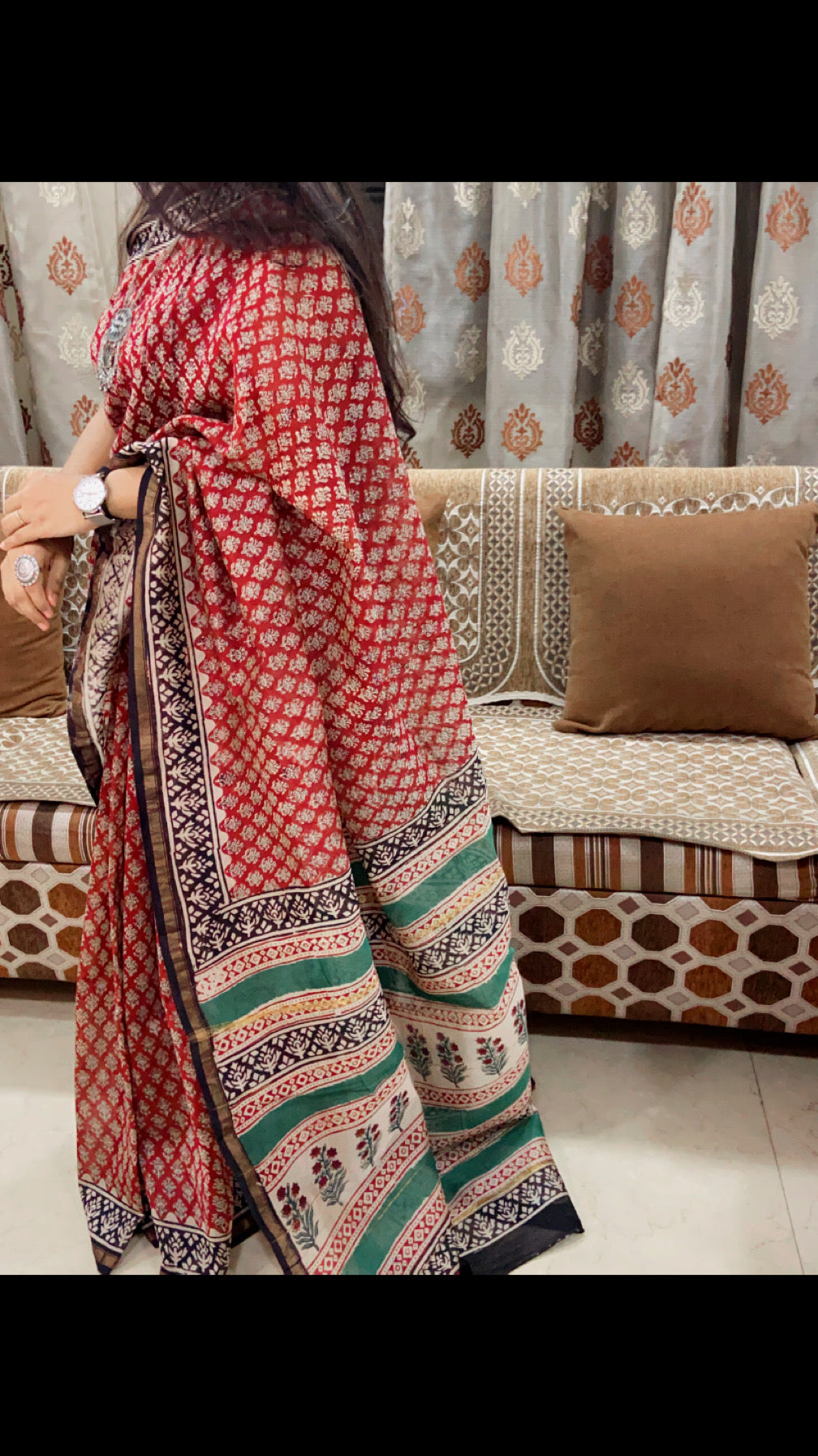 Maroon red chanderi cotton silk zari border saree
