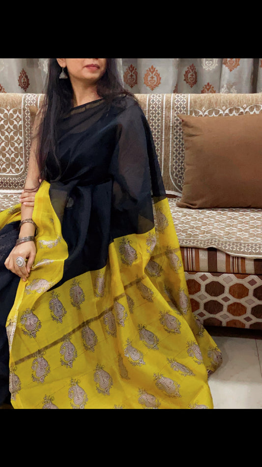 Black and yellow chanderi cotton silk saree