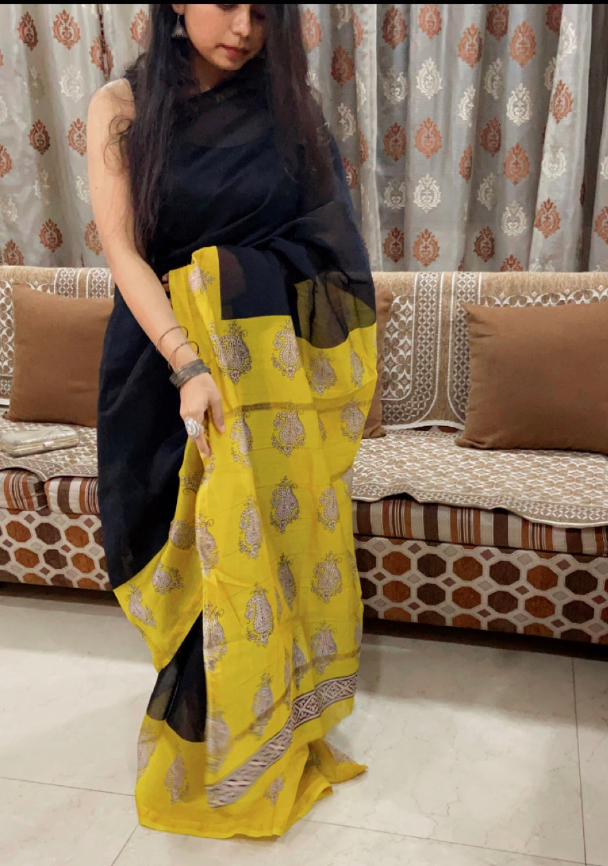Black and yellow chanderi cotton silk saree