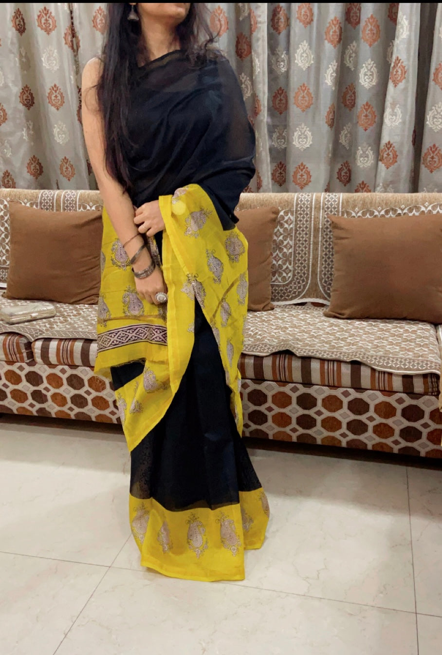 Black and yellow chanderi cotton silk saree