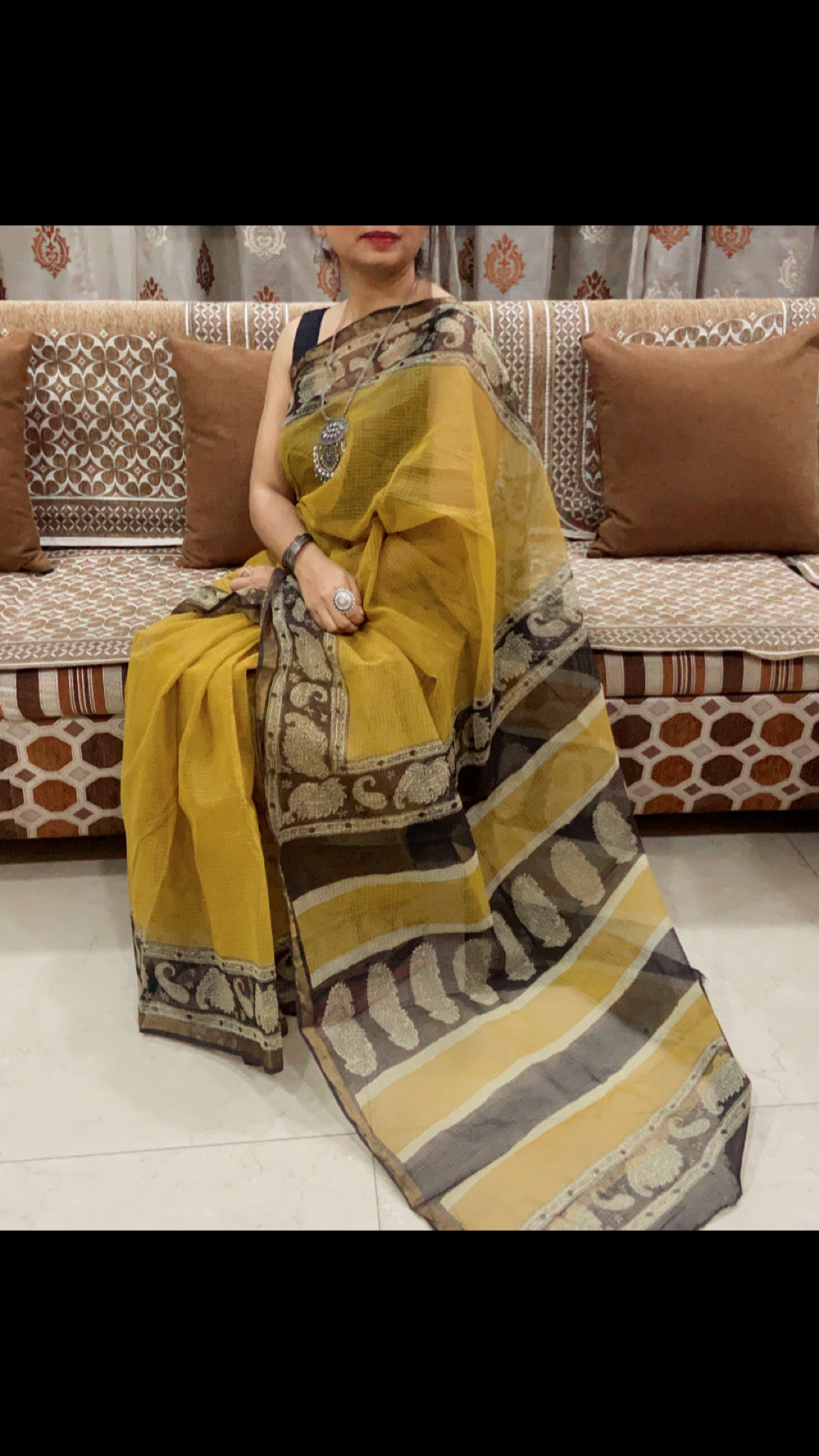Mustard yellow with black border cotton kota doria saree