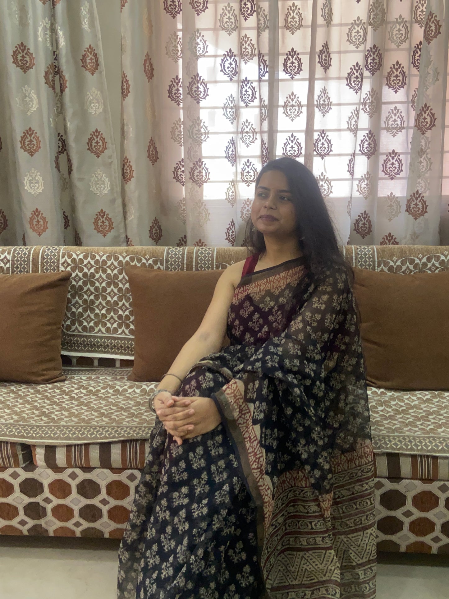 Black flowers handblock printed kota doria saree